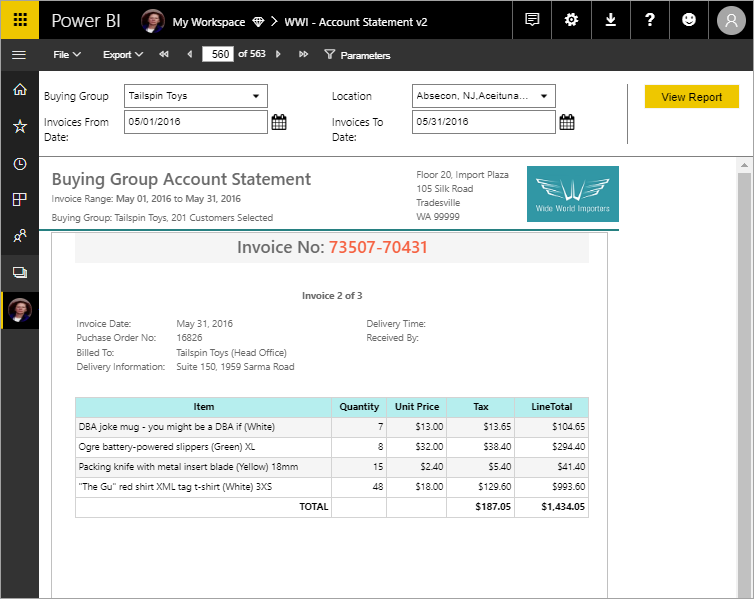 Power BI invoice page